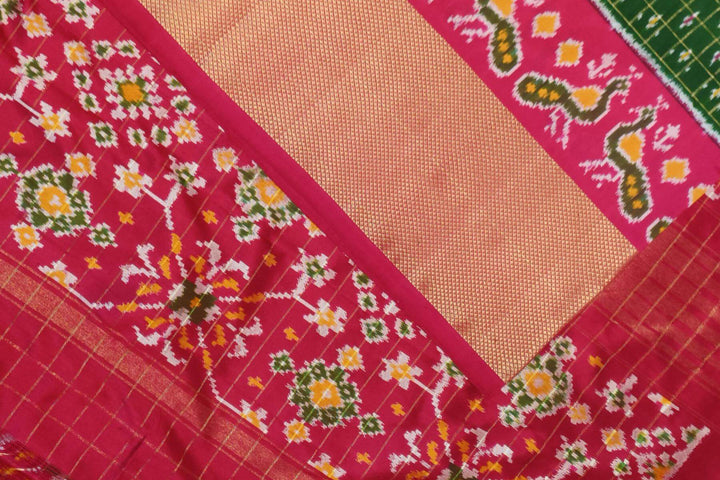 Ikat pure silk saree in bottle green with zari checks