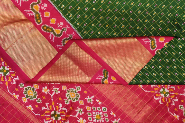 Ikat pure silk saree in bottle green with zari checks