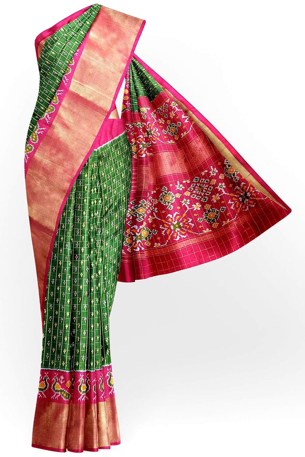 Ikat pure silk saree in bottle green with zari checks