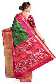 Ikat pure silk saree in bottle green with zari checks