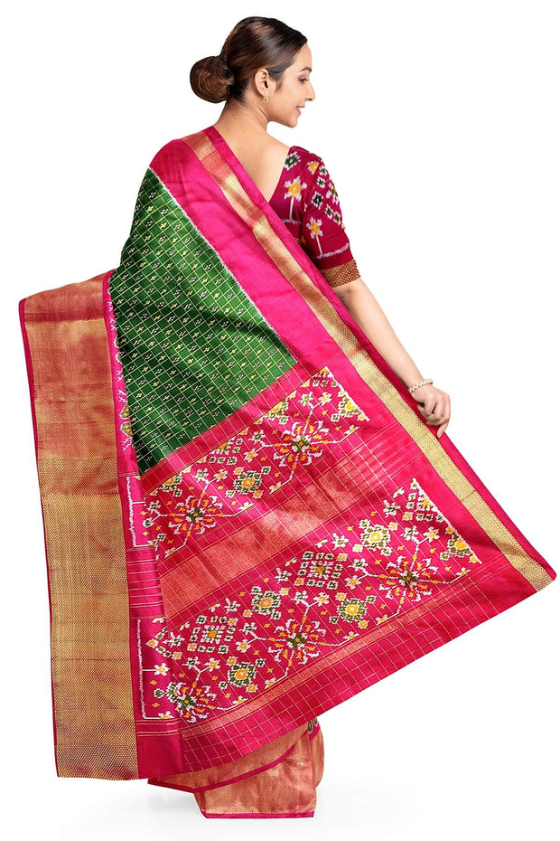 Ikat pure silk saree in bottle green with zari checks