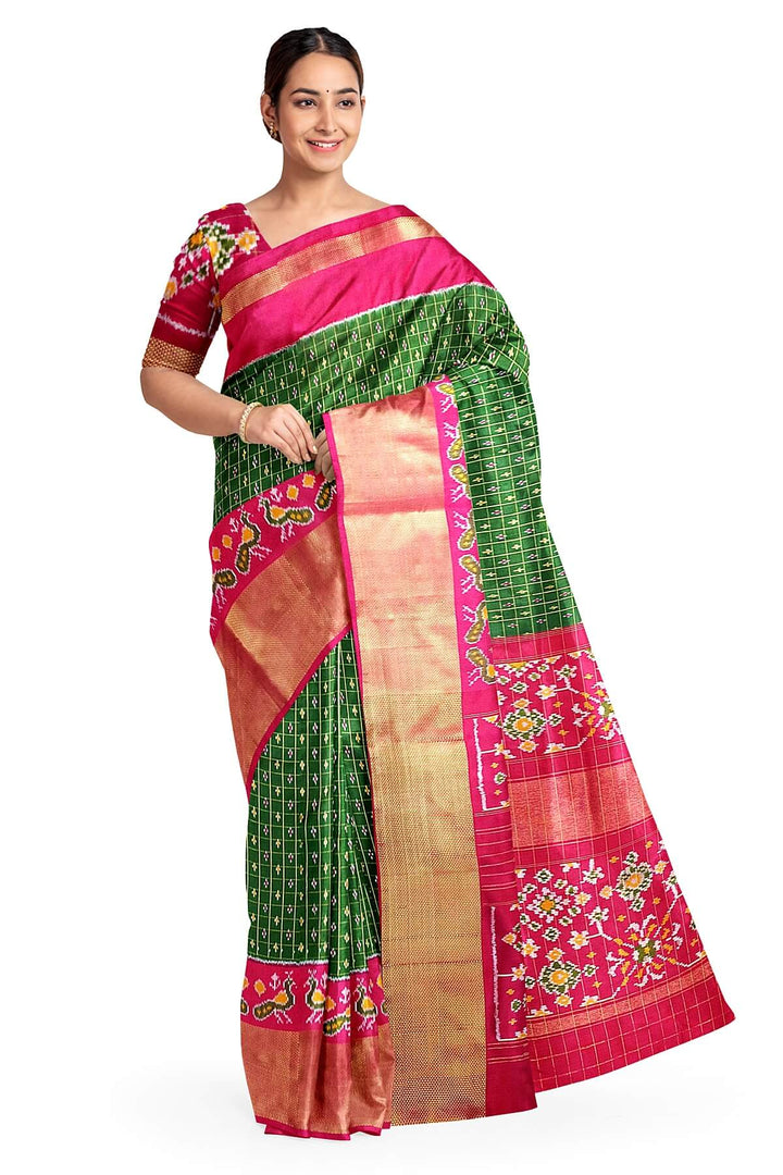 Ikat pure silk saree in bottle green with zari checks