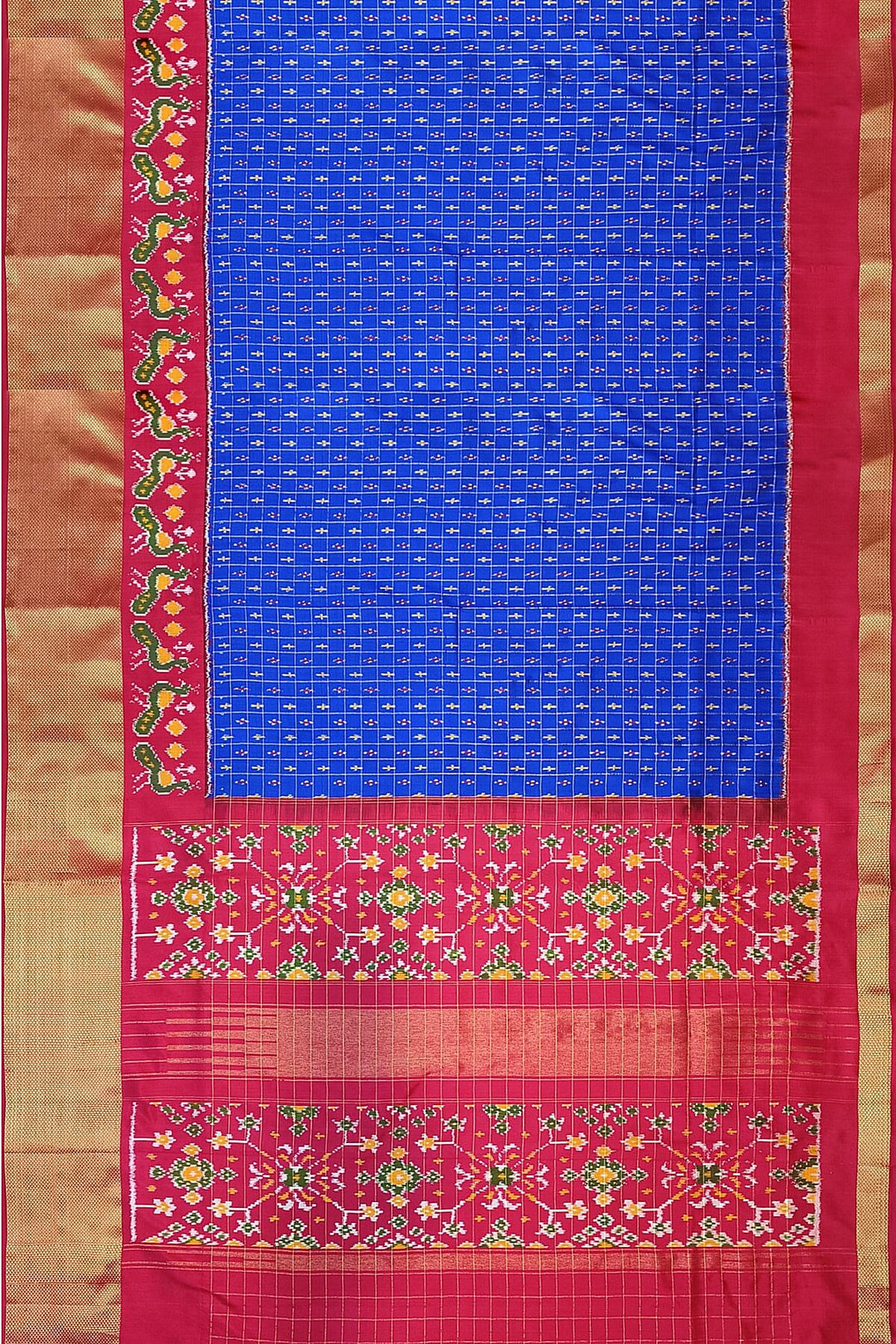 Ikat pure silk saree in blue with zari checks .
