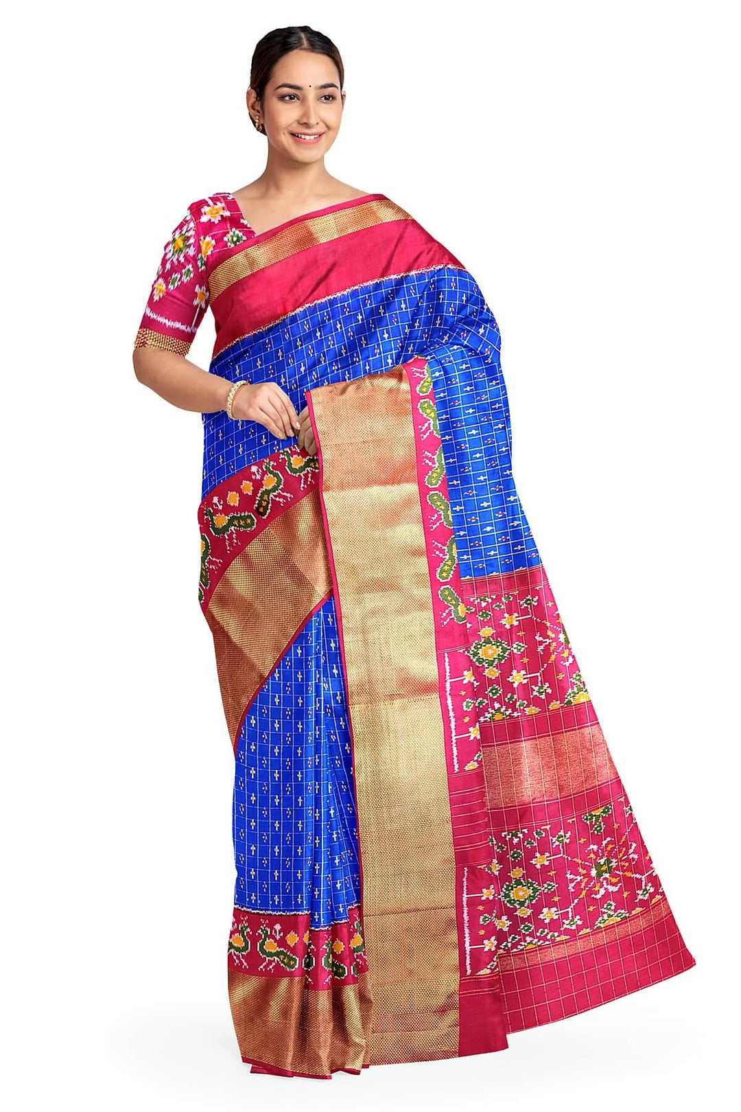 Ikat pure silk saree in blue with zari checks .