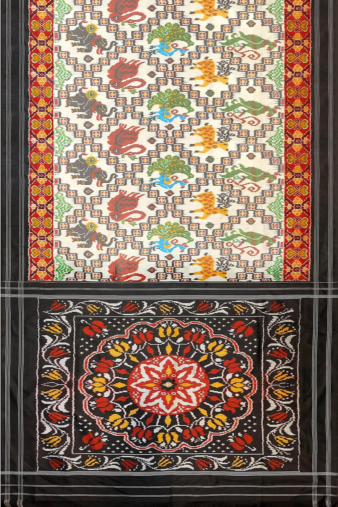 Ikkat pure silk saree in off white with birds & animal motifs.