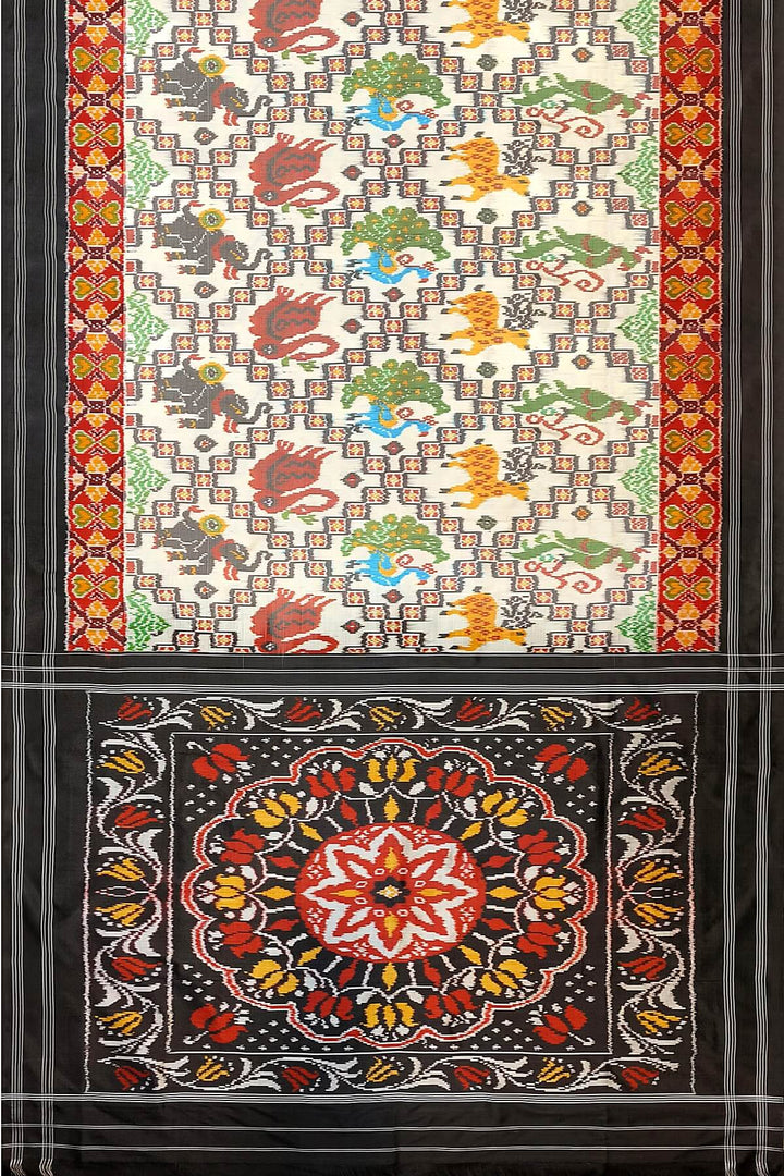 Ikkat pure silk saree in off white with birds & animal motifs.