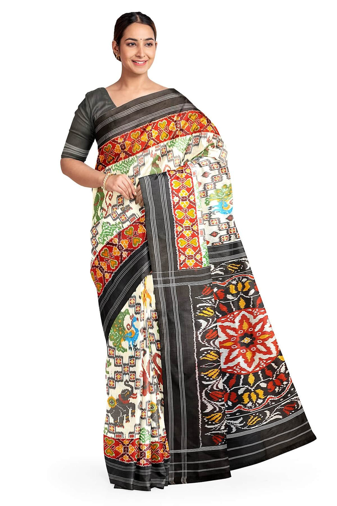 Ikkat pure silk saree in off white with birds & animal motifs.