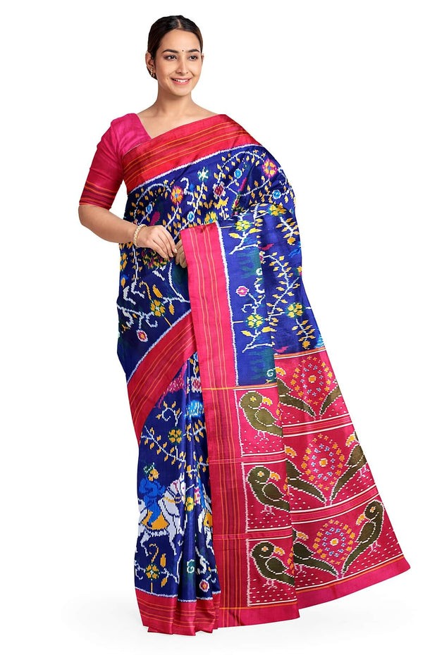 Ikkat pure silk saree in blue with forest pattern