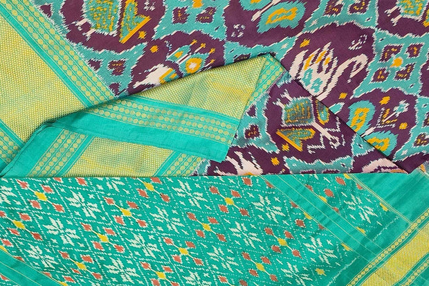Ikat pure silk saree in purple in narikunj design with a contrast pallu