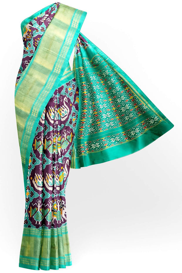 Ikat pure silk saree in purple in narikunj design with a contrast pallu