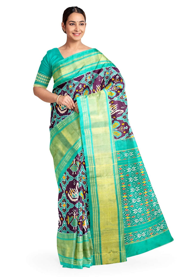 Ikat pure silk saree in purple in narikunj design with a contrast pallu