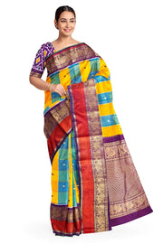 Handwoven ikat pure silk saree in multicolour with zari checks and small floral woven motifs .