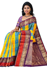 Handwoven ikat pure silk saree in multicolour with zari checks and small floral woven motifs .