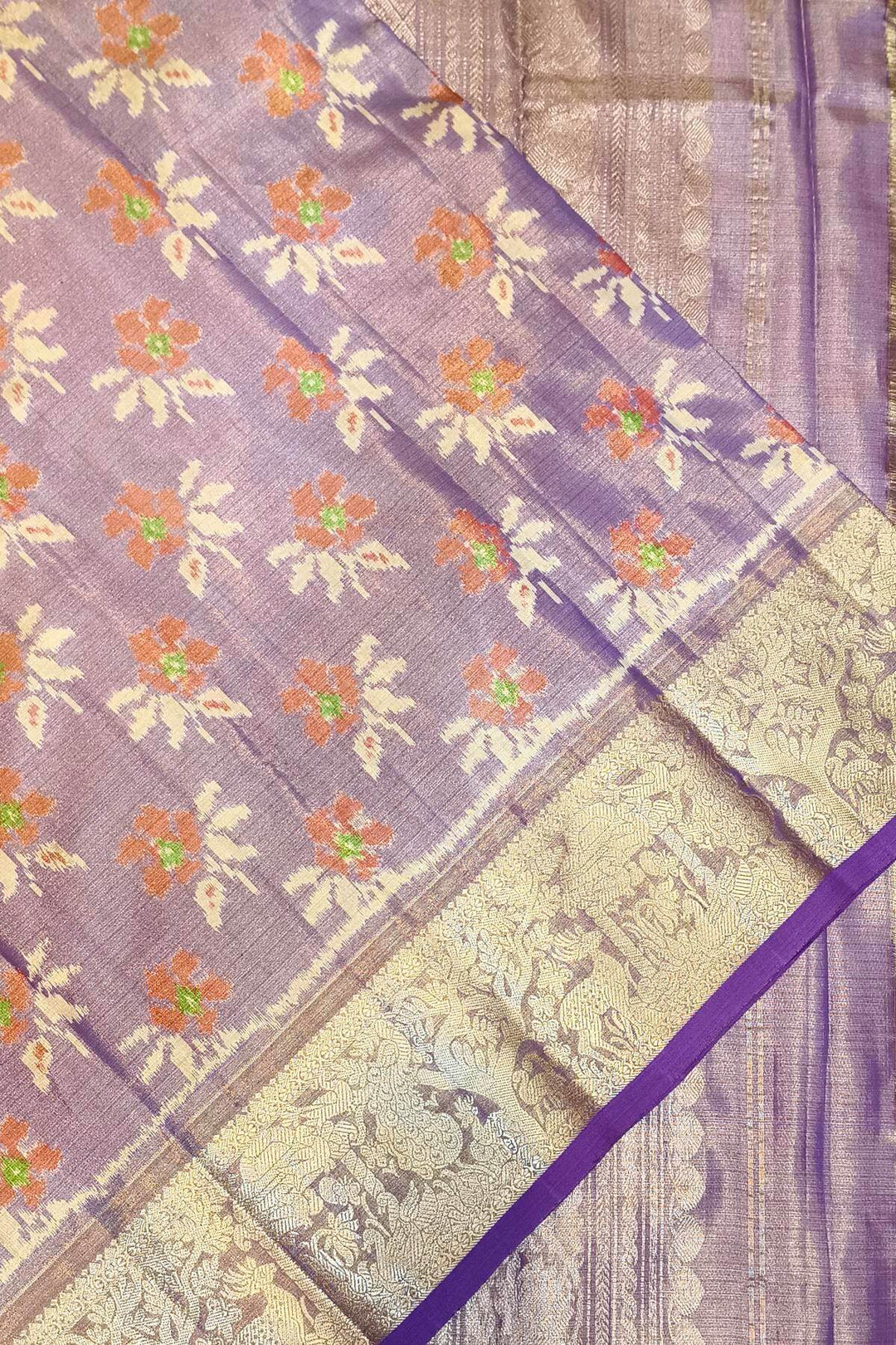 Handwoven Ikat pure  silk tissue saree in beautiful lavender with floral motifs