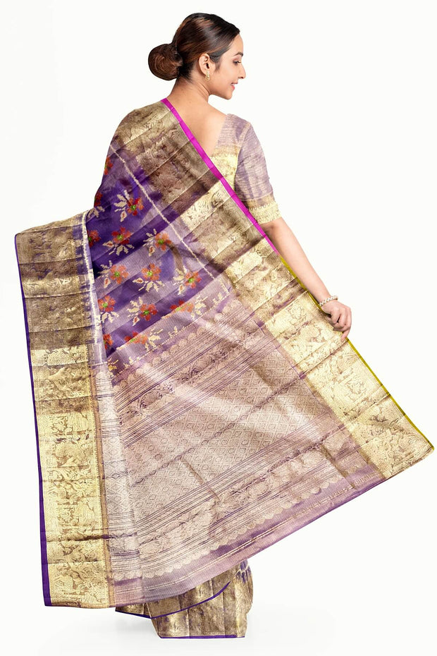 Handwoven Ikat pure  silk tissue saree in beautiful lavender with floral motifs