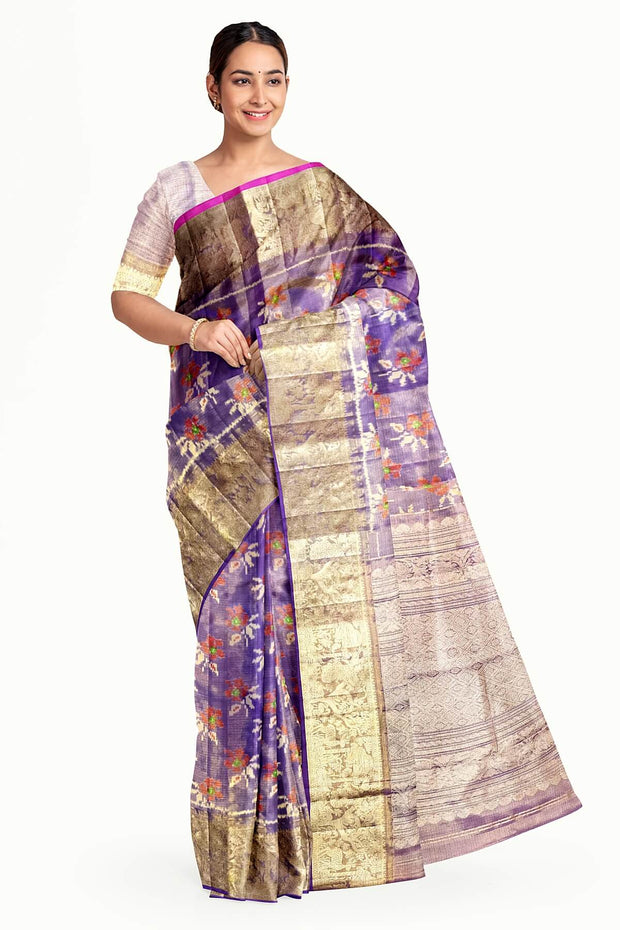 Handwoven Ikat pure  silk tissue saree in beautiful lavender with floral motifs