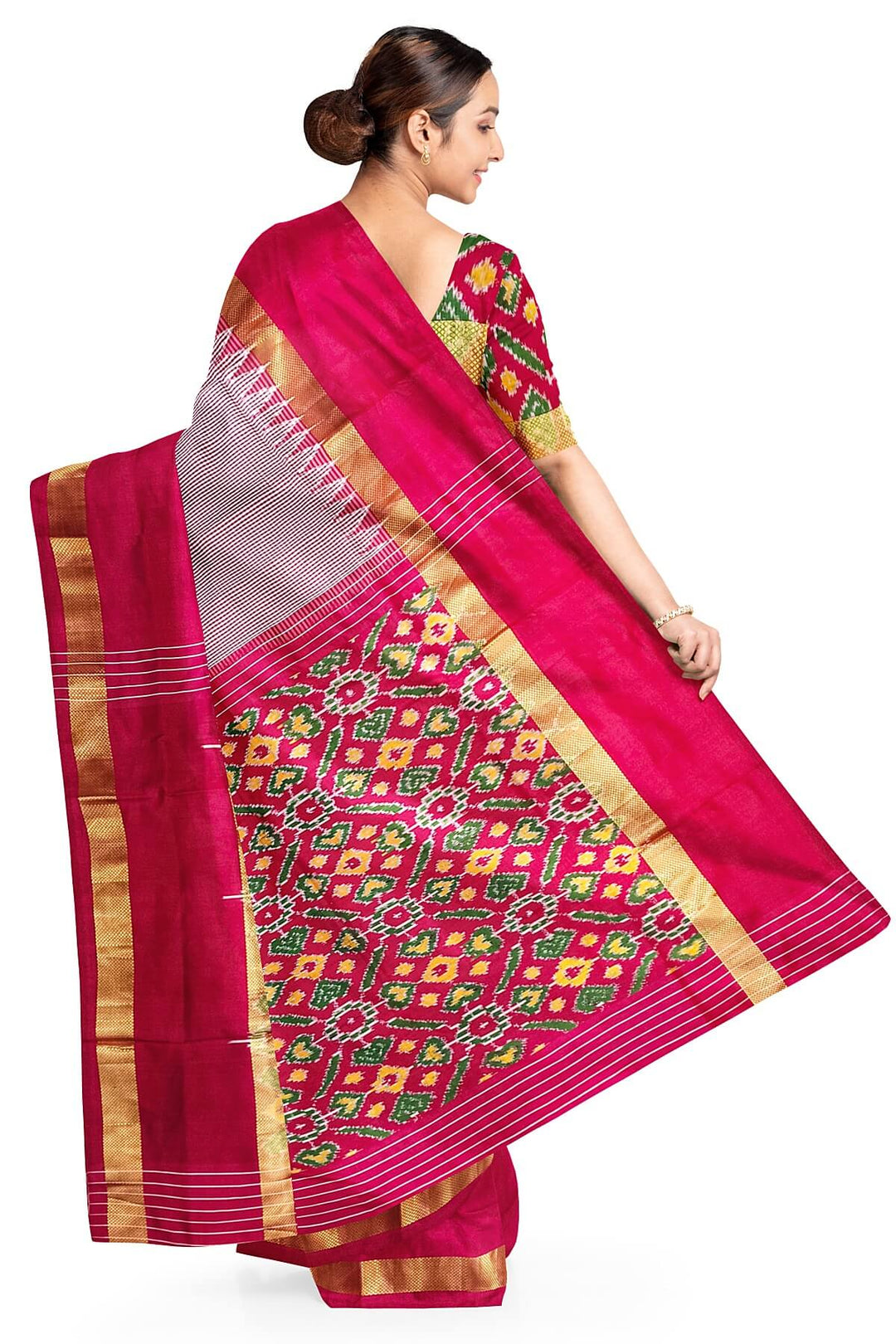 Handwoven Ikat silk saree in pink  in fine checks