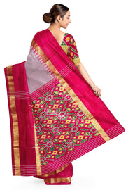 Handwoven Ikat silk saree in pink  in fine checks