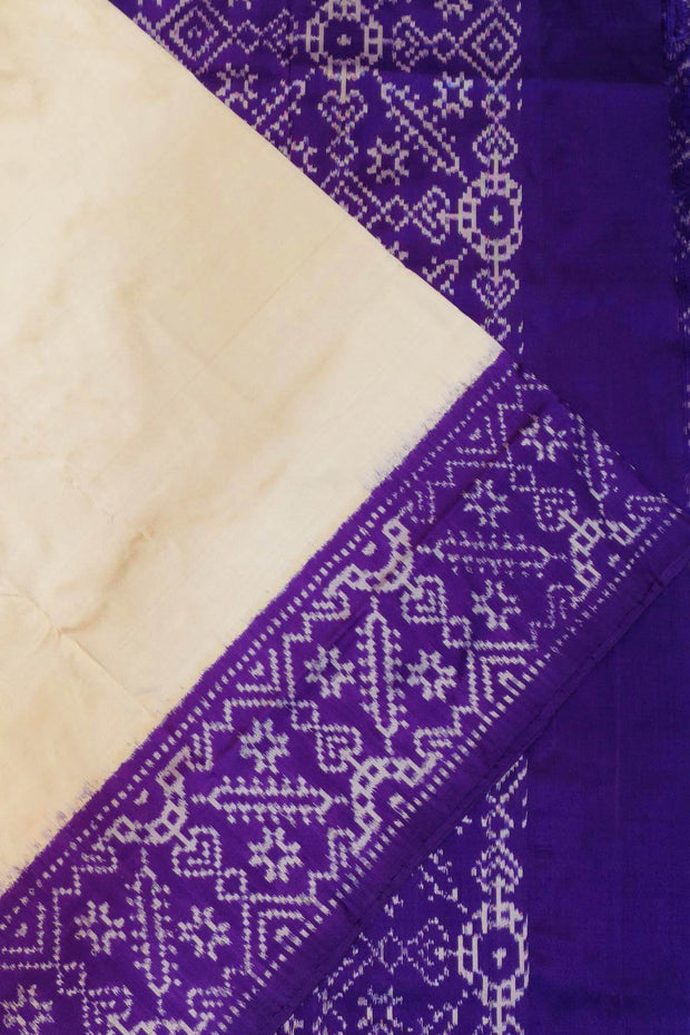 Handwoven Ikat pure silk saree in off white & purple