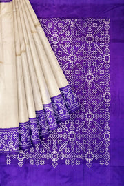 Handwoven Ikat pure silk saree in off white & purple