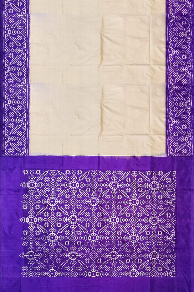 Handwoven Ikat pure silk saree in off white & purple