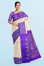 Handwoven Ikat pure silk saree in off white & purple