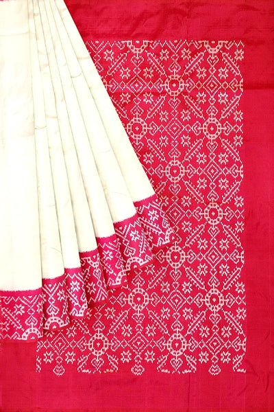 Handwoven Ikat pure silk saree in off white & pink