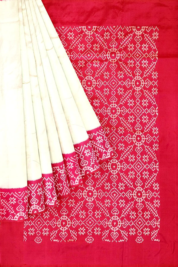 Handwoven Ikat pure silk saree in off white & pink