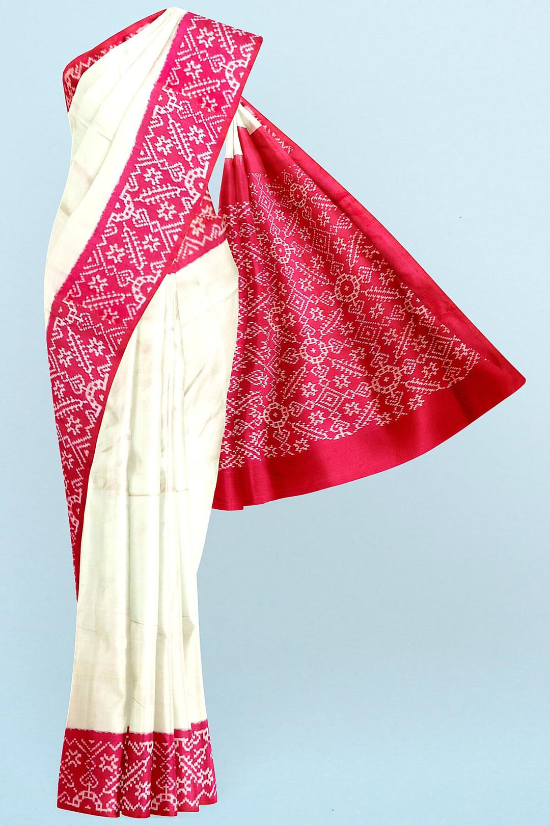 Handwoven Ikat pure silk saree in off white & pink
