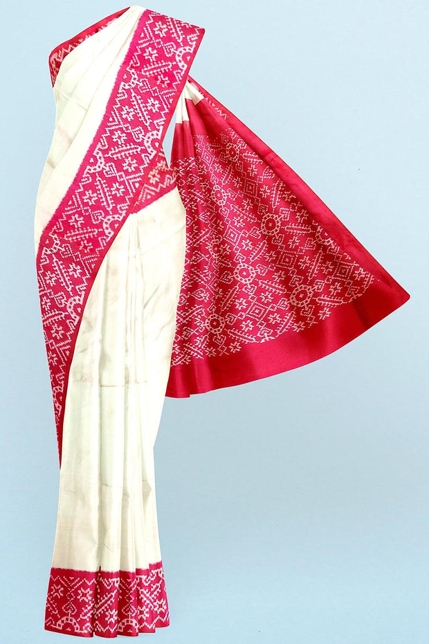 Handwoven Ikat pure silk saree in off white & pink