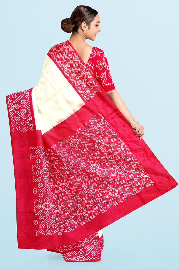 Handwoven Ikat pure silk saree in off white & pink