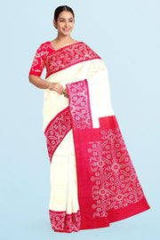 Handwoven Ikat pure silk saree in off white & pink