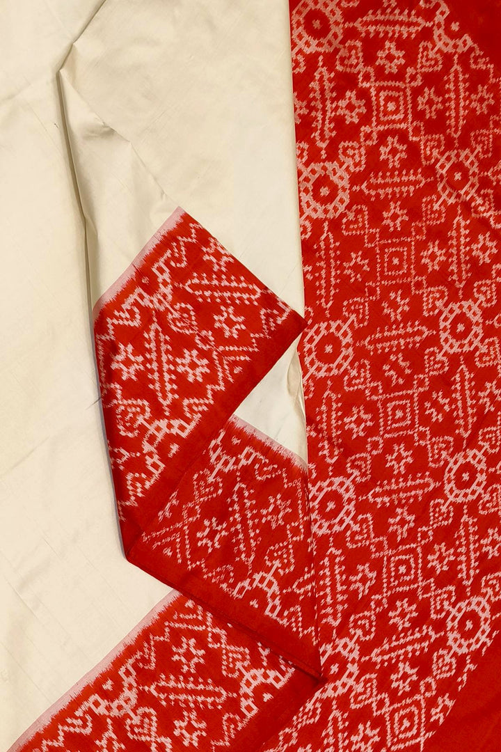 Handwoven Ikat pure silk saree in off white & red