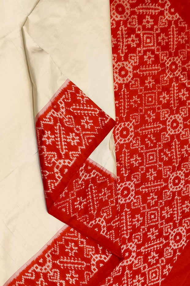 Handwoven Ikat pure silk saree in off white & red