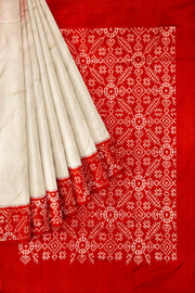Handwoven Ikat pure silk saree in off white & red