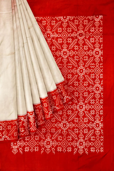 Handwoven Ikat pure silk saree in off white & red