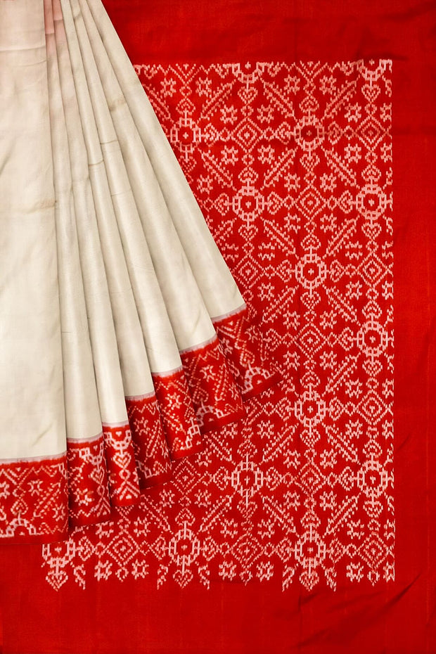 Handwoven Ikat pure silk saree in off white & red