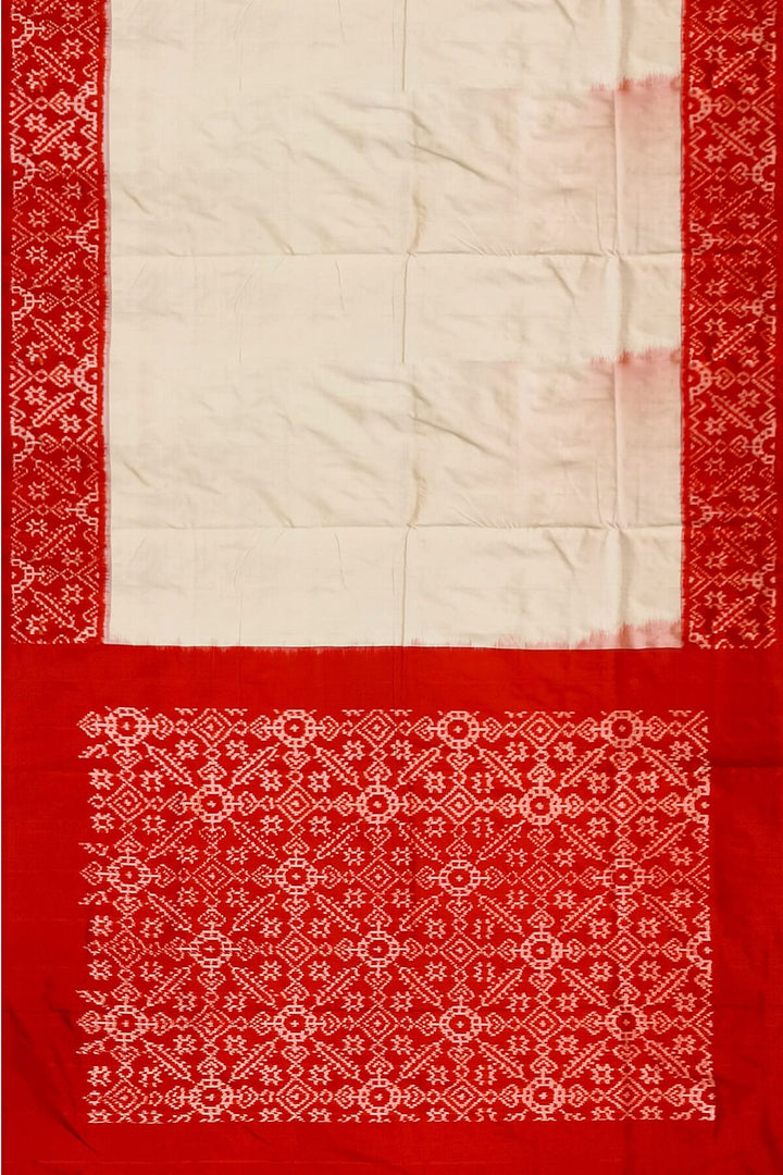 Handwoven Ikat pure silk saree in off white & red