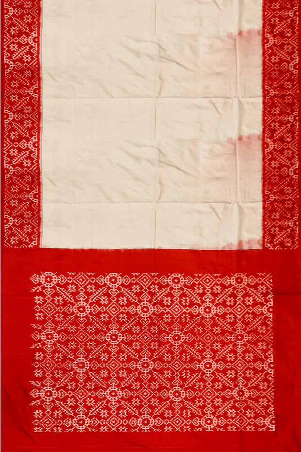 Handwoven Ikat pure silk saree in off white & red