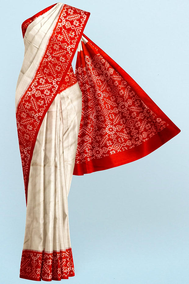 Handwoven Ikat pure silk saree in off white & red