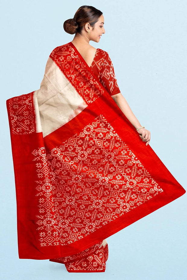 Handwoven Ikat pure silk saree in off white & red