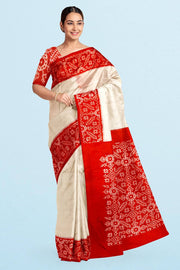 Handwoven Ikat pure silk saree in off white & red