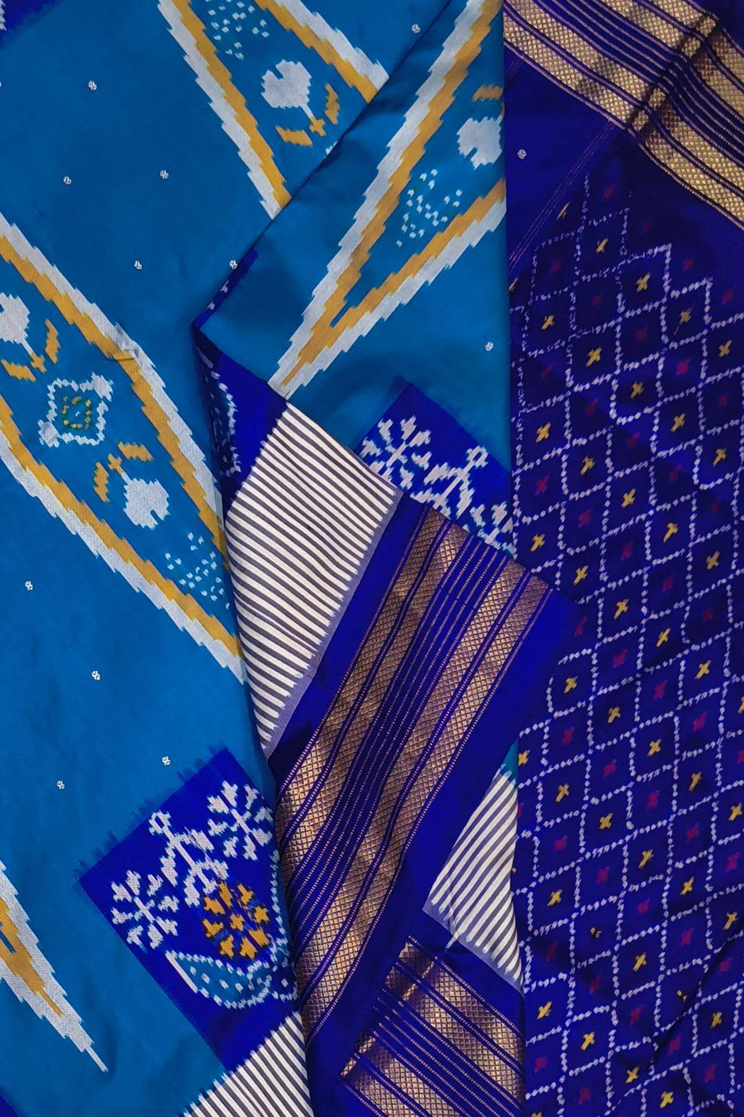 ikkat pure silk saree in copper sulphate blue
