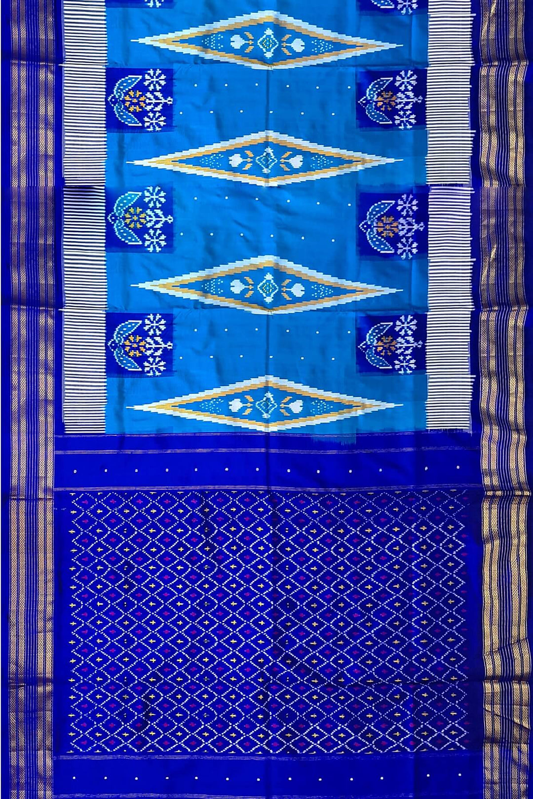 ikkat pure silk saree in copper sulphate blue