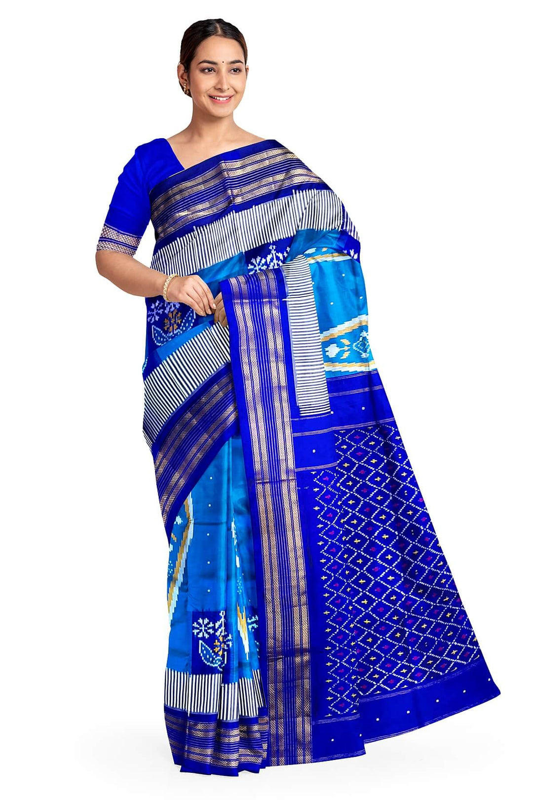 ikkat pure silk saree in copper sulphate blue