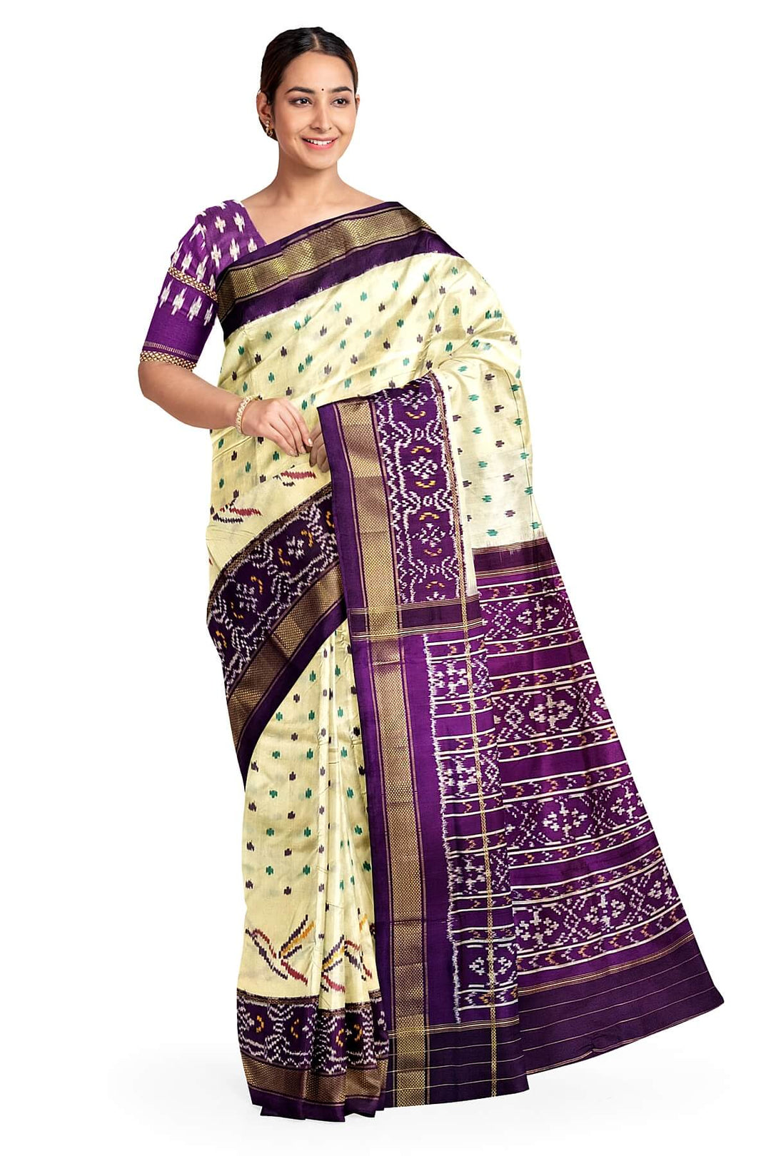 Ikkat pure silk saree in off white