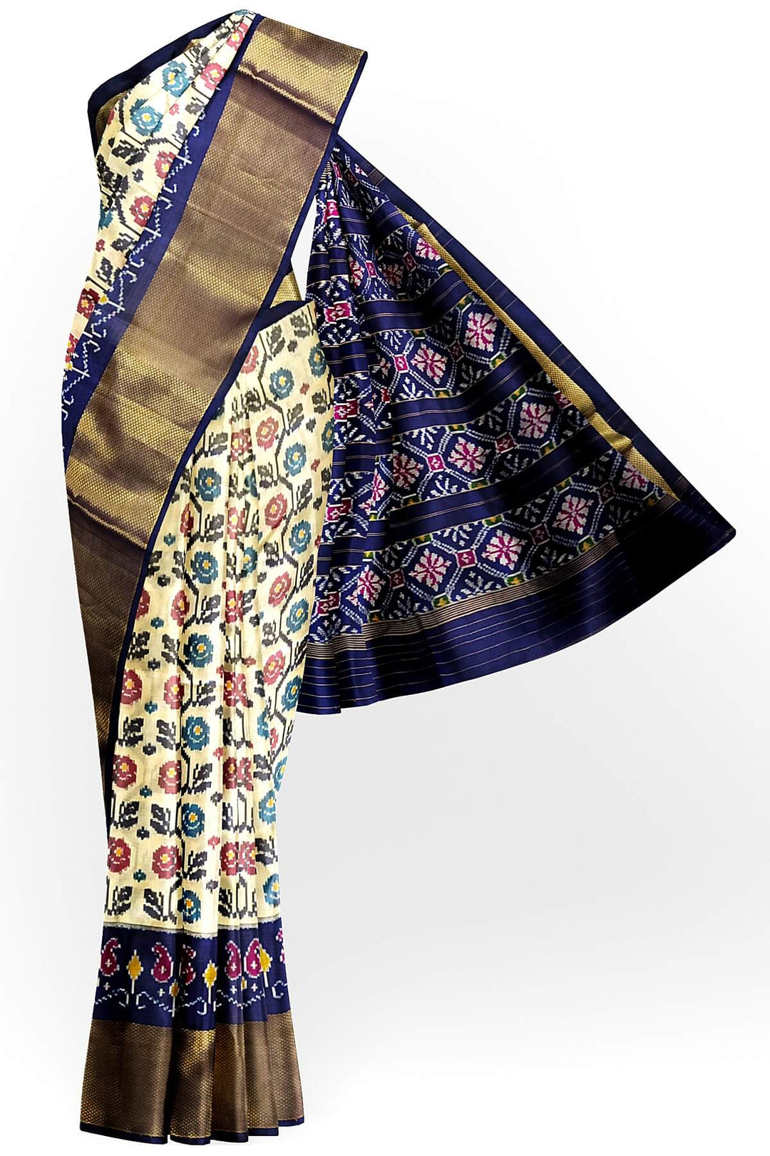 Ikkat pure silk saree in off white with floral motifs