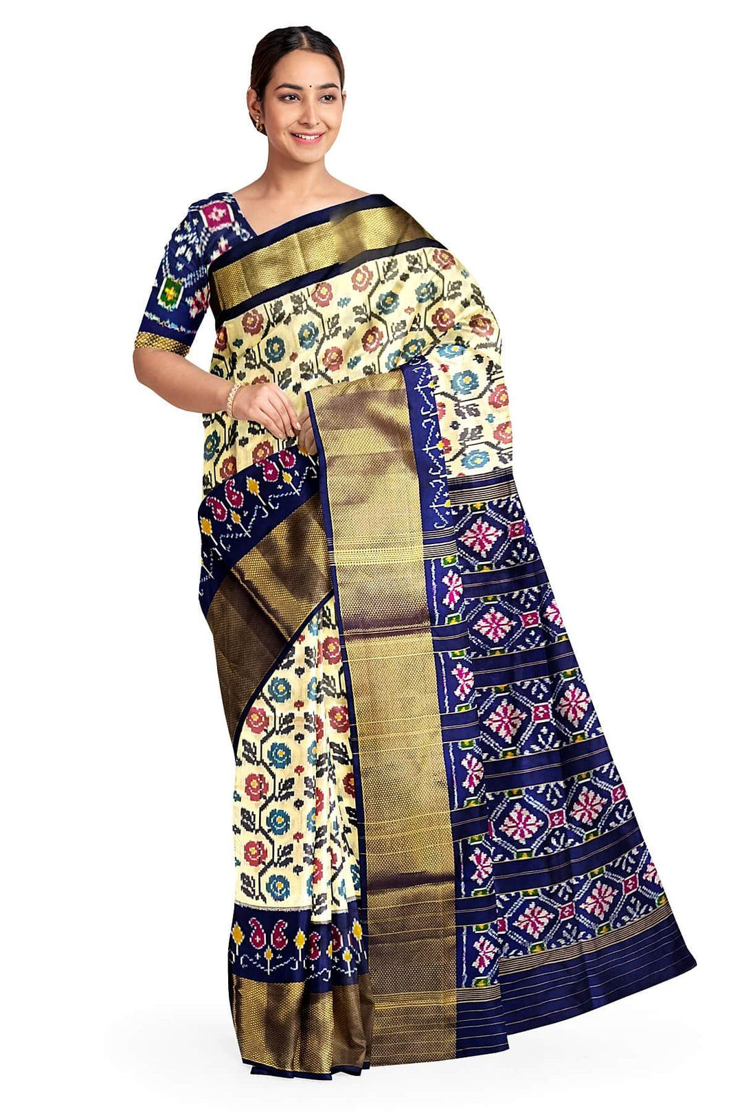Ikkat pure silk saree in off white with floral motifs