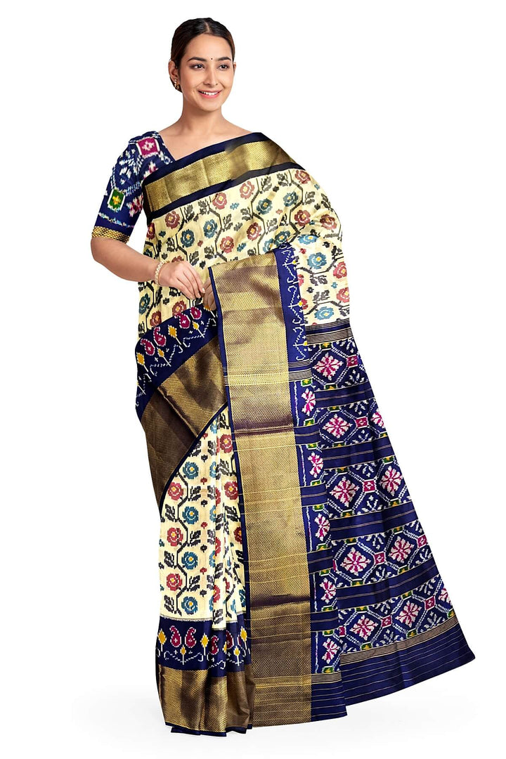 Ikkat pure silk saree in off white with floral motifs