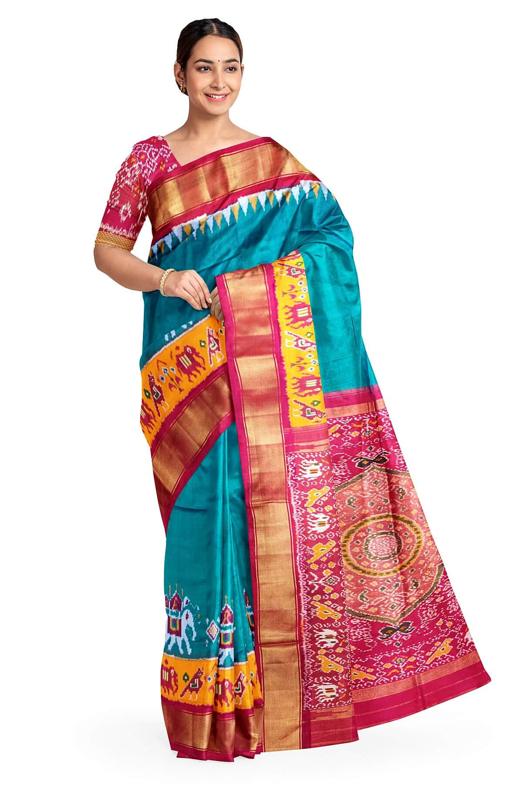 Ikkat pure silk saree in teal
